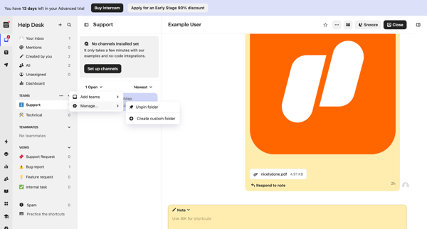 Example User | Help Desk Nicelydone Intercom screen