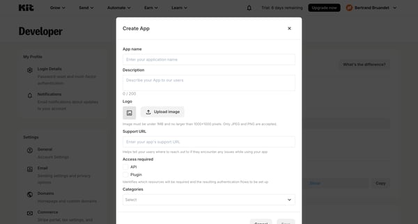 Developer Settings - Kit screen