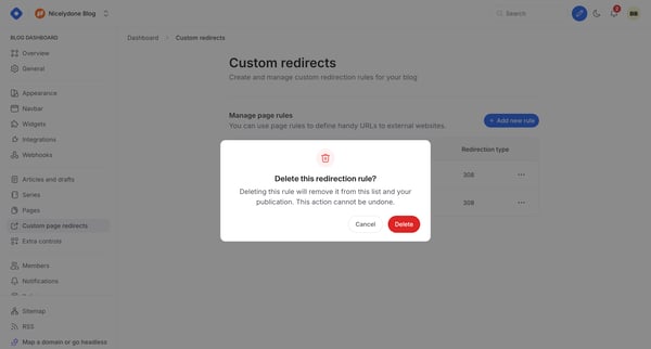 Dashboard - Custom redirects from Hashnode