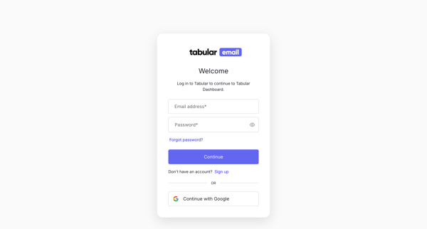 Log in | Tabular Dashboard screen