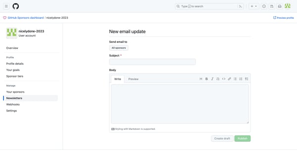 GitHub Sponsors dashboard · Updates screen