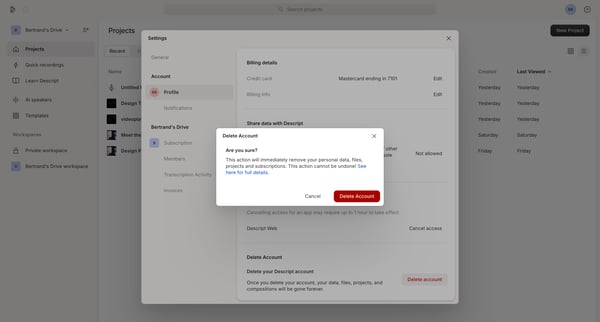 Account | Descript screen