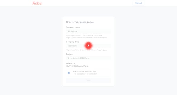 Create an organization - Robin screen