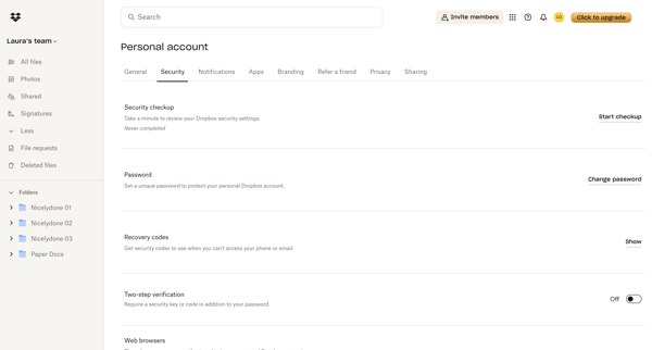 Security - Dropbox screen