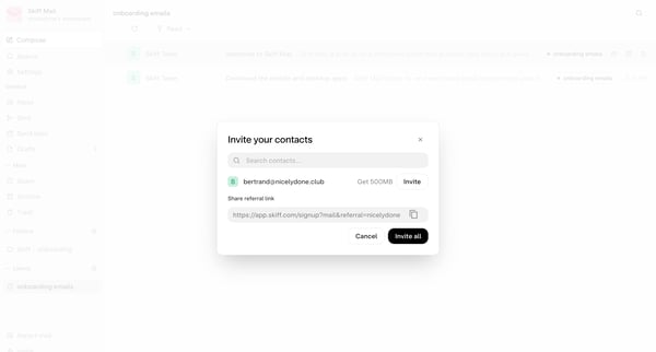 onboarding emails - nicelydone@skiff.com screen