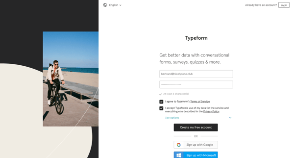 Sign up FREE | Typeform screen