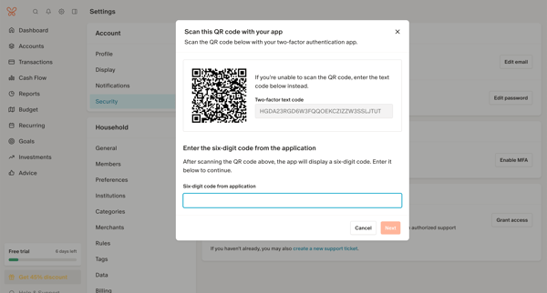 Security Settings screen