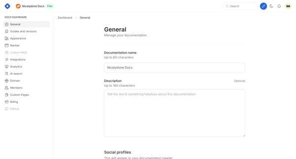 Docs Dashboard - General screen