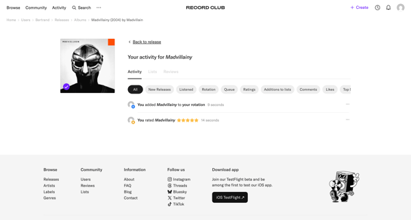Your activity for Madvillainy – Record Club screen