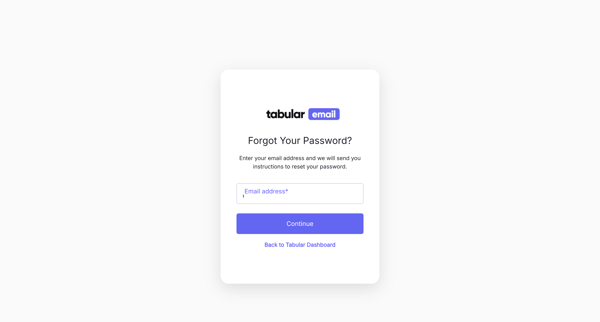 Reset your password | Tabular Dashboard screen