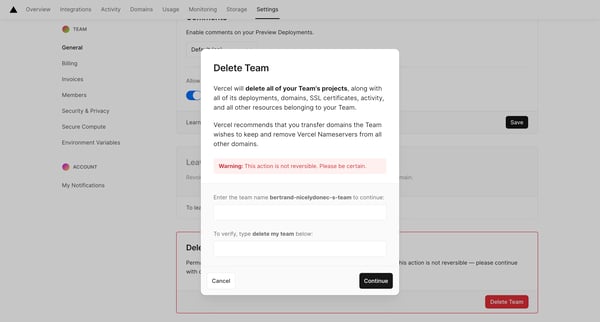 General - Team Settings – Dashboard – Vercel screen