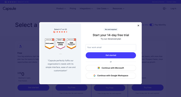 CRM Pricing & Sign-Up (Free Trial) | Capsule CRM screen