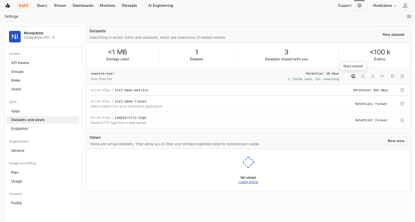 Datasets and Views - Settings - Axiom screen