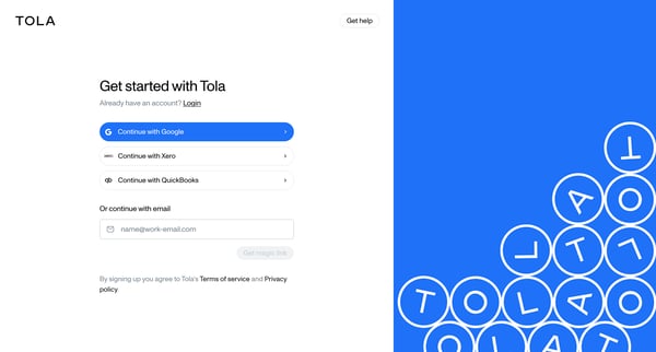 Get started • Tola screen