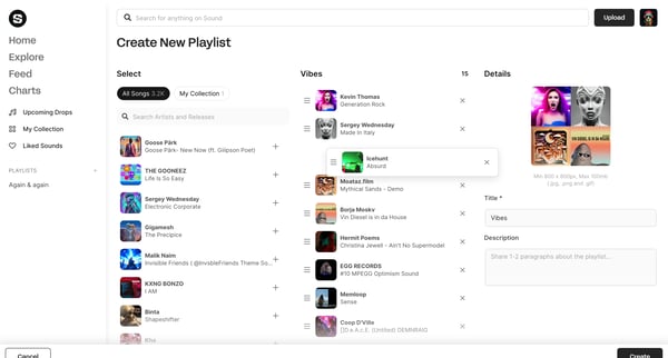 Create New Playlist | Sound.xyz screen