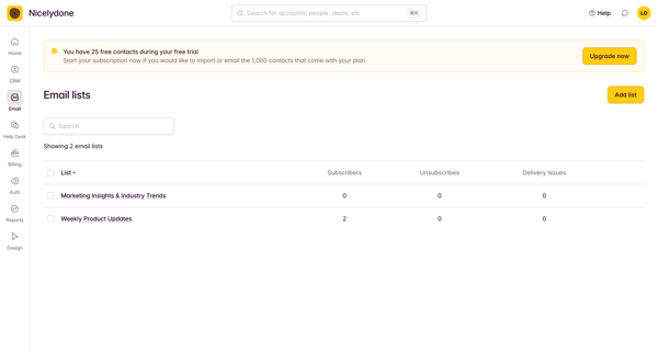 View All Email Lists screen