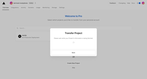 Transfer – Dashboard – Vercel screen