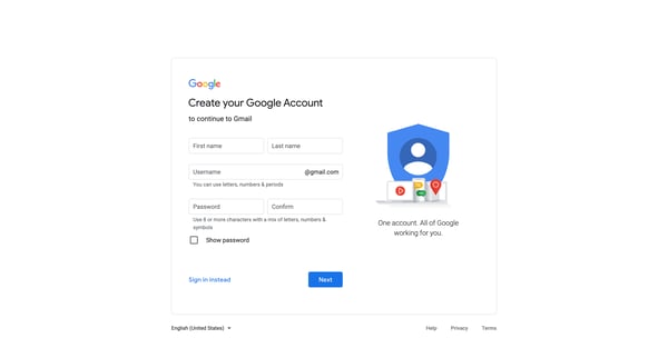Create your Google Account screen