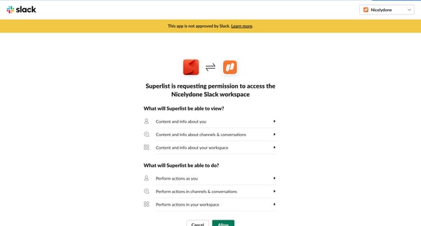 Superlist is requesting permission to access the Nicelydone Slack screen