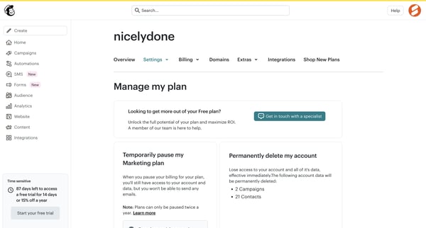 Account Close | Mailchimp screen