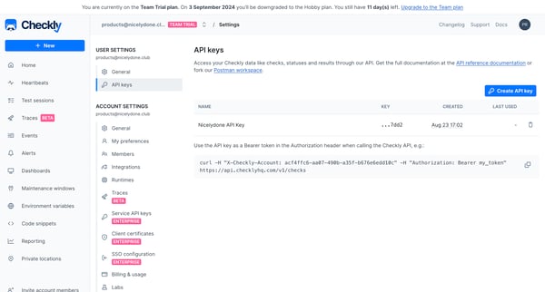 User | API keys screen