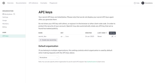 API keys - OpenAI API screen