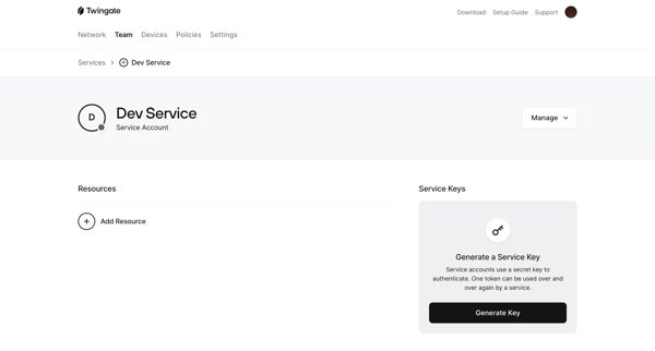 Dev Service | Twingate Admin screen