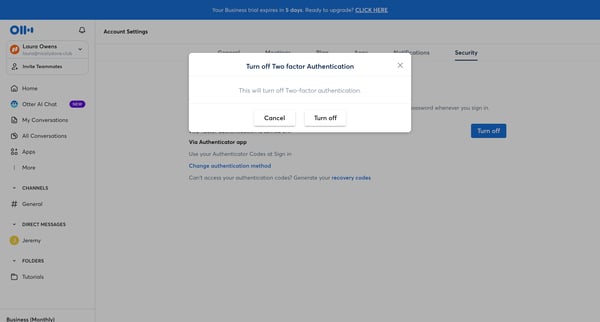Account Settings - Otter.ai screen