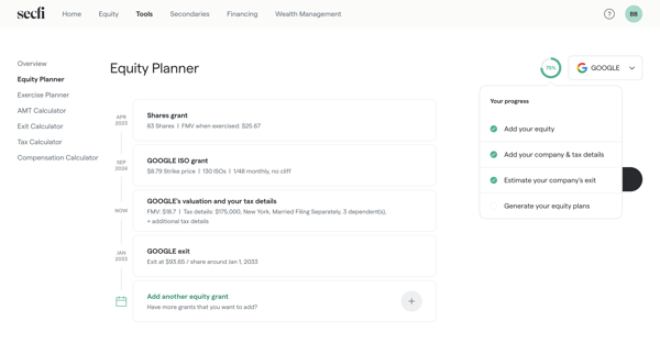Equity Planner | Secfi screen