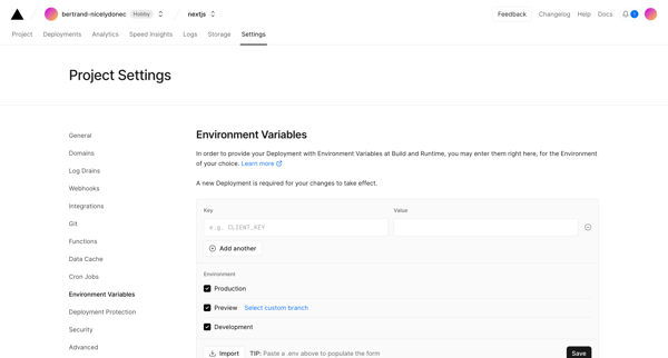 nextjs – Environment Variables - Vercel screen