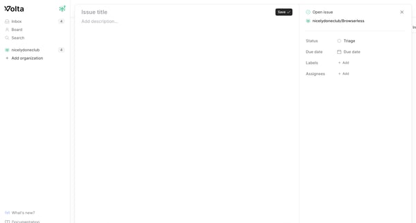 New Issue · nicelydoneclubBrowserless · Volta screen