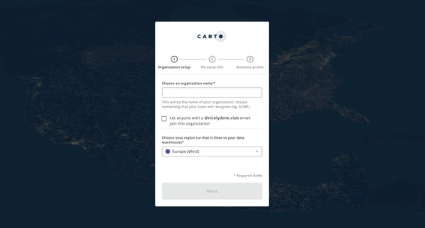 CARTO Accounts screen