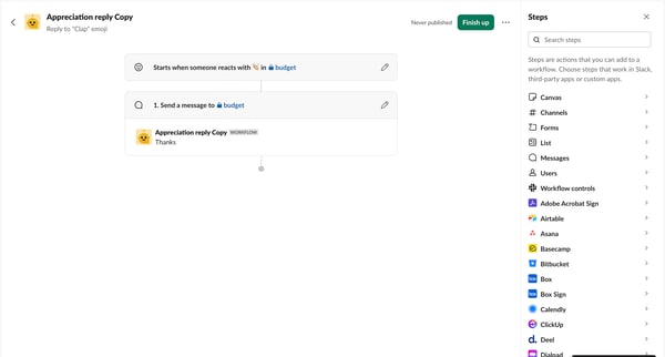 Appreciation reply Copy | Workflow Builder Nicelydoneclub - Slack from Slack