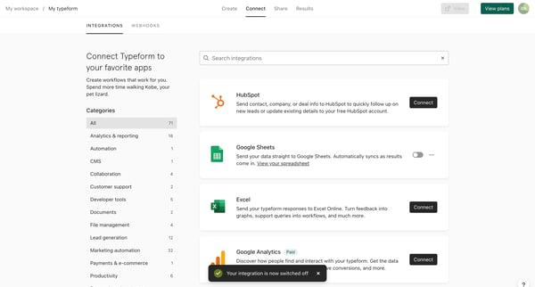 Typeform - Connect screen