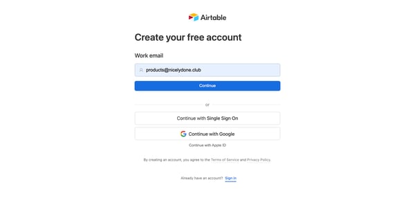 Sign up - Airtable screen