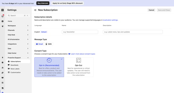 Subscriptions | Nicelydone  Intercom screen