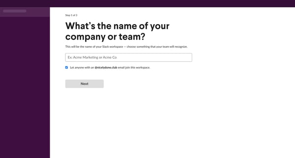 Slack | Setup Team Name Slack screen