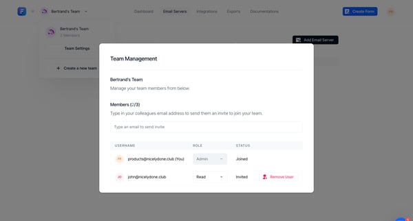 Email Servers screen