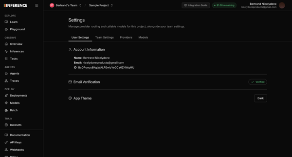 Settings | inference.net screen