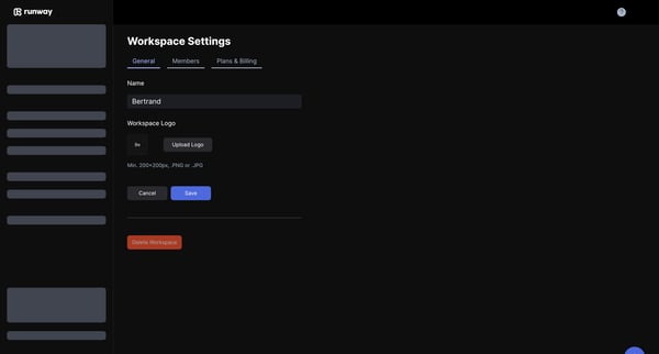 Team Settings - Runway screen