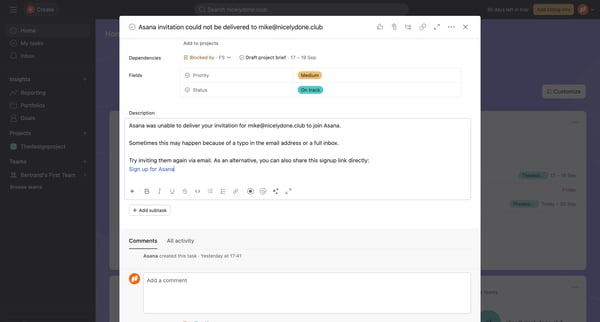 Home - Asana invitation could not be delivered to mike@nicelydone screen