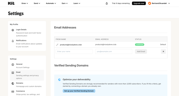 Account Settings - Kit screen
