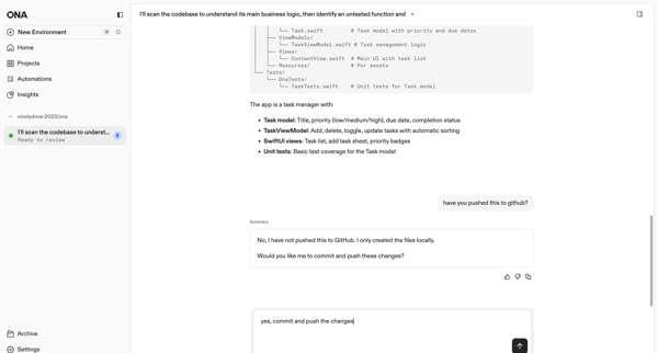I'll scan the codebase to understand its main business logic, then identify an untested function and | Ona screen