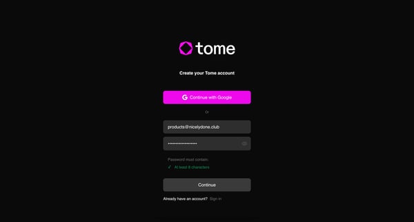 Join the Tome workspace on Tome screen