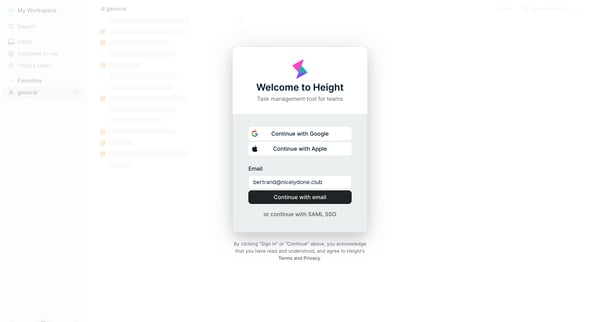 Log in - Height screen