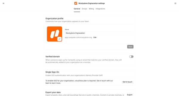 Nicelydone Orgnazation settings screen