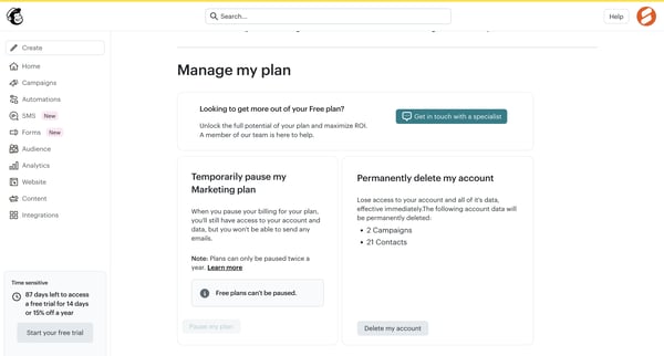 Account Close | Mailchimp screen