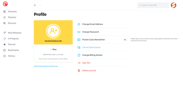 Profile - Pocket Casts screen