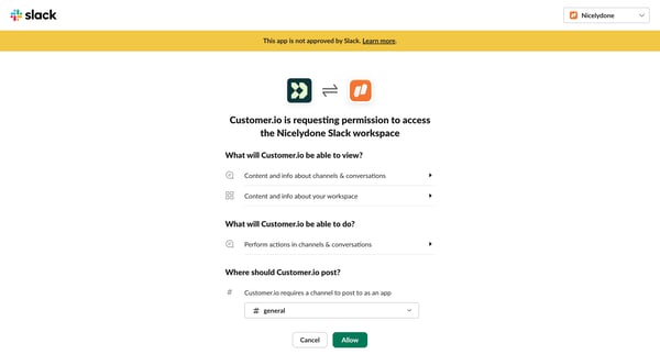 Customer.io is requesting permission to access the Nicelydone Sla screen