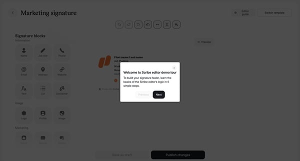 Edit | Marketing signature  Templates  Signatures  Scribe screen
